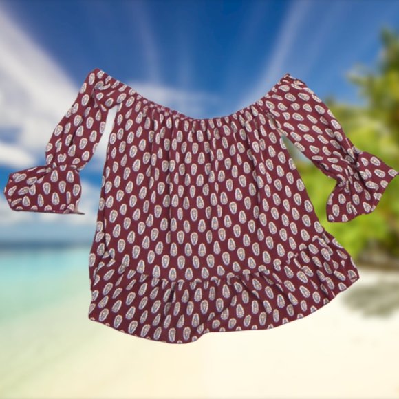 Top Burgundy Bohemian Paisley Print Ruffled Cottage Core Off Shoulder Sz M - Picture 8 of 8